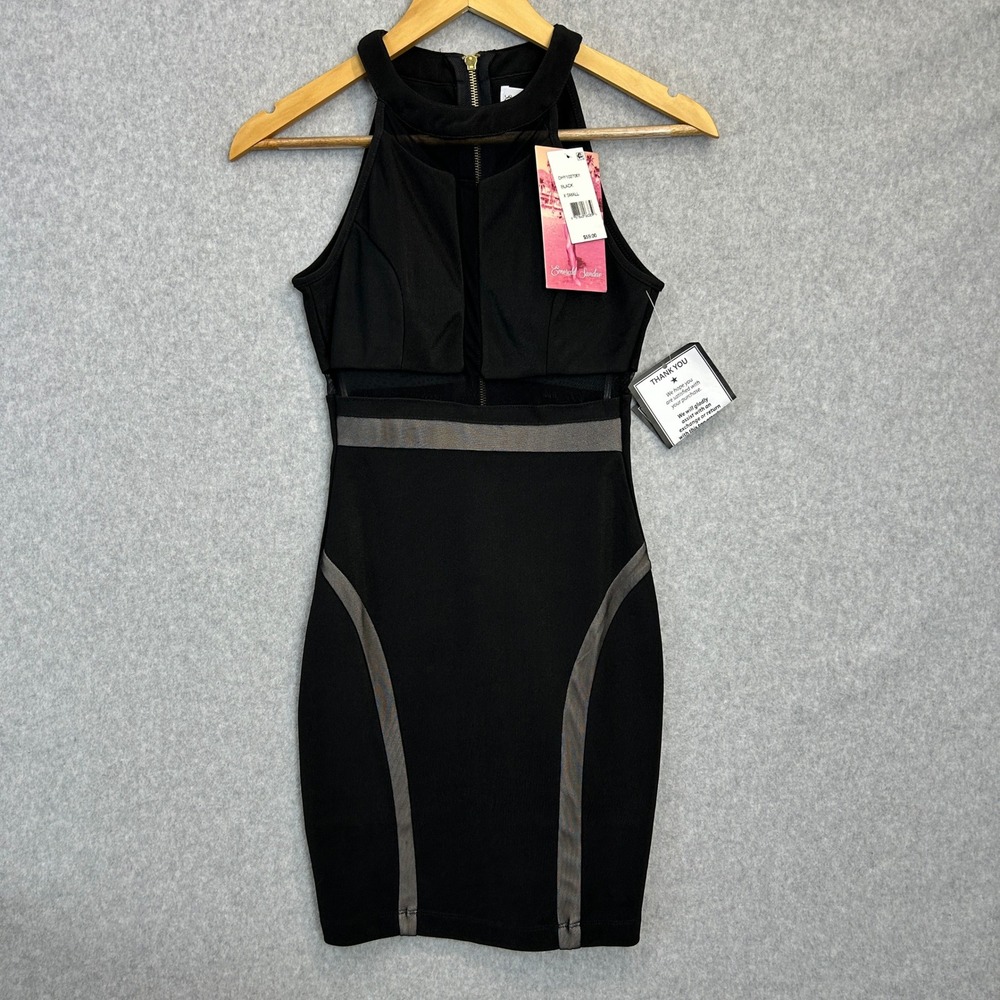 Emerald Sundae Size XS Bodycon Tank Dress Black Sheer Mesh Panel Halter Neck NWT